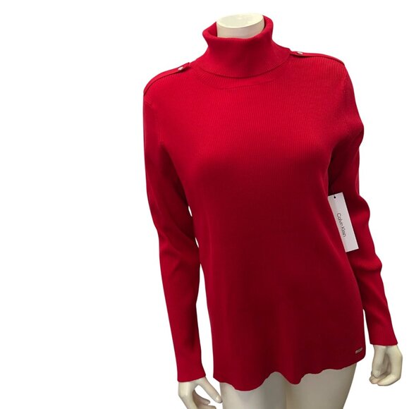 Calvin Klein Womens Red Ribbed Turtleneck Button Details Md NWT - Picture 3 of 7